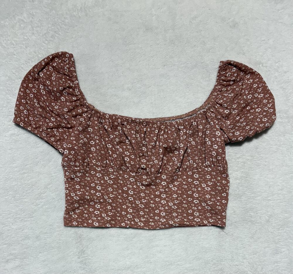 SHEIN Crop Top Womens Medium Brown Ditsy Floral Puff Sleeve Square Neck